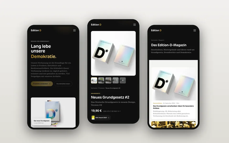 Drei Ansichten der Edition-D-Website auf dem Smartphone