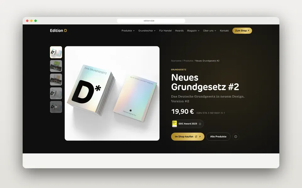 Produktseite „Neues Grundgesetz #2“ auf der Edition-D-Website